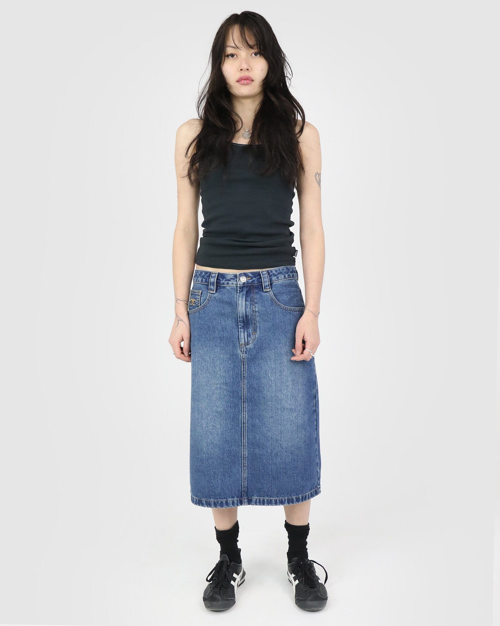 Relaxed 90’s Denim Midi Skirt: Deep Blue
