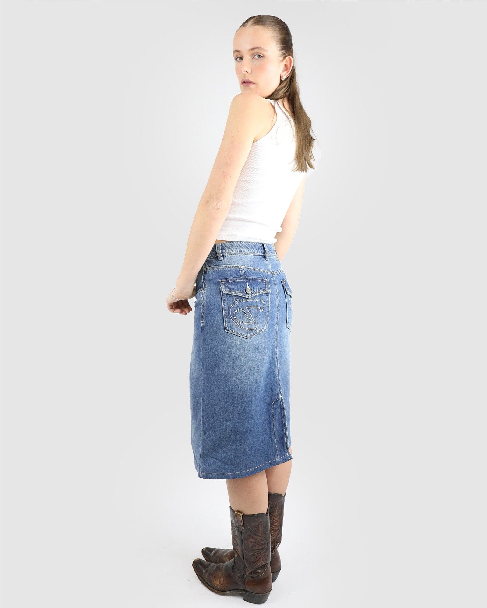 Double D Denim Midi Skirt: Deep Blue