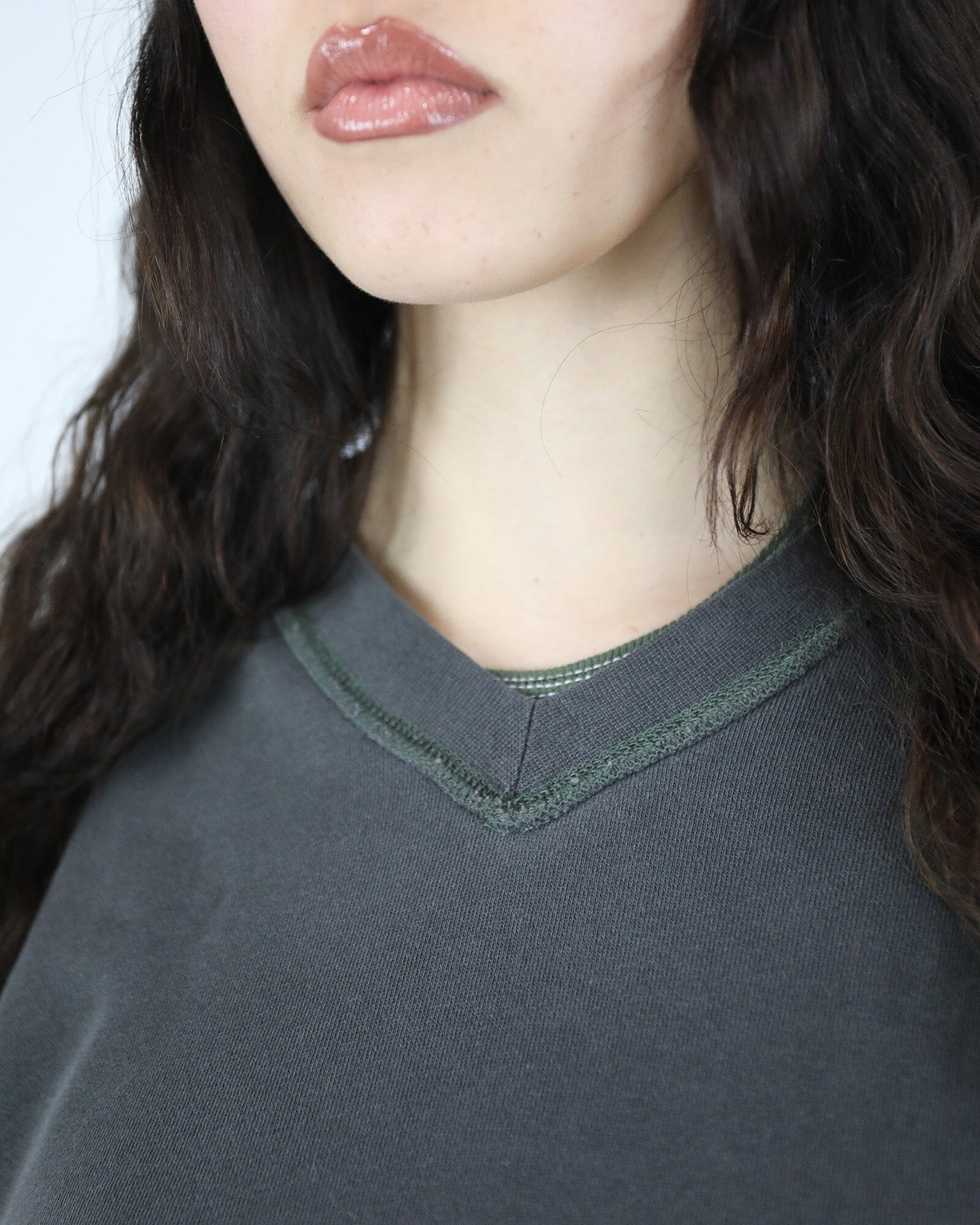 Reverse V neck sweat: Vintage Grey/ Green Stitching