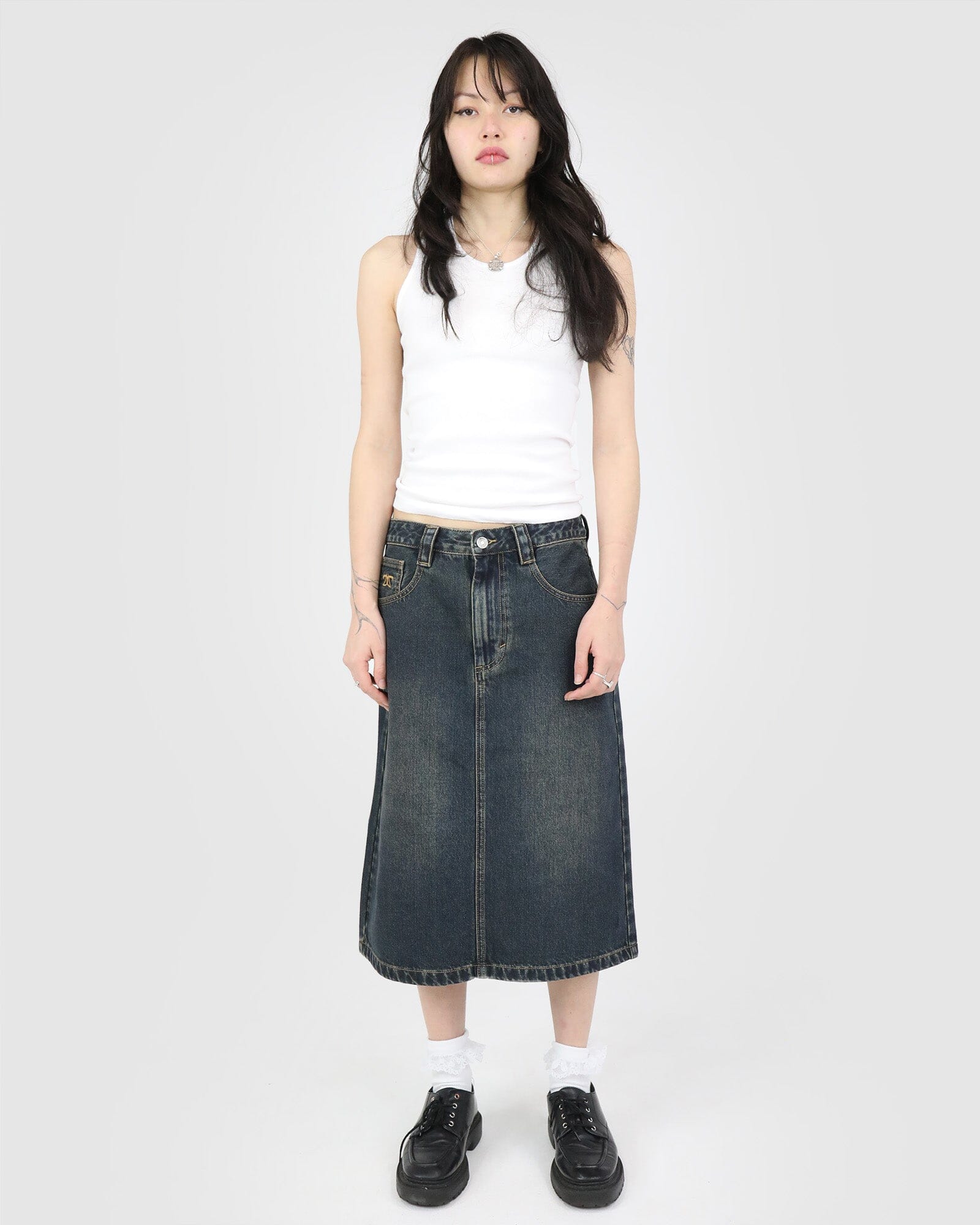 Buy Black Denim Solid Washed A-line Skirt For Women by Mellowdrama Online  at Aza Fashions.