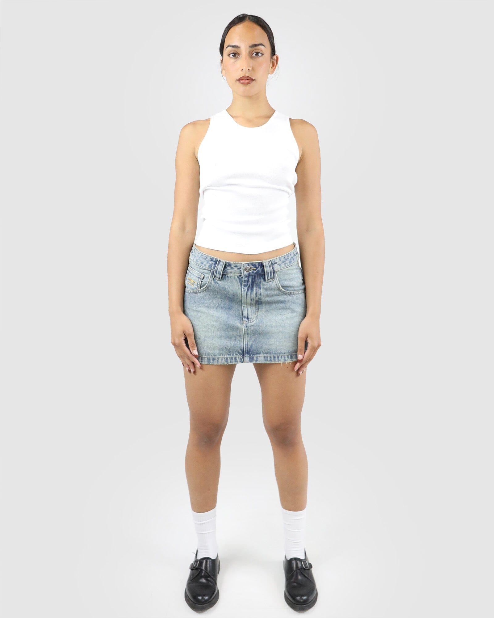 Double D Denim Mini Skirt: Weathered