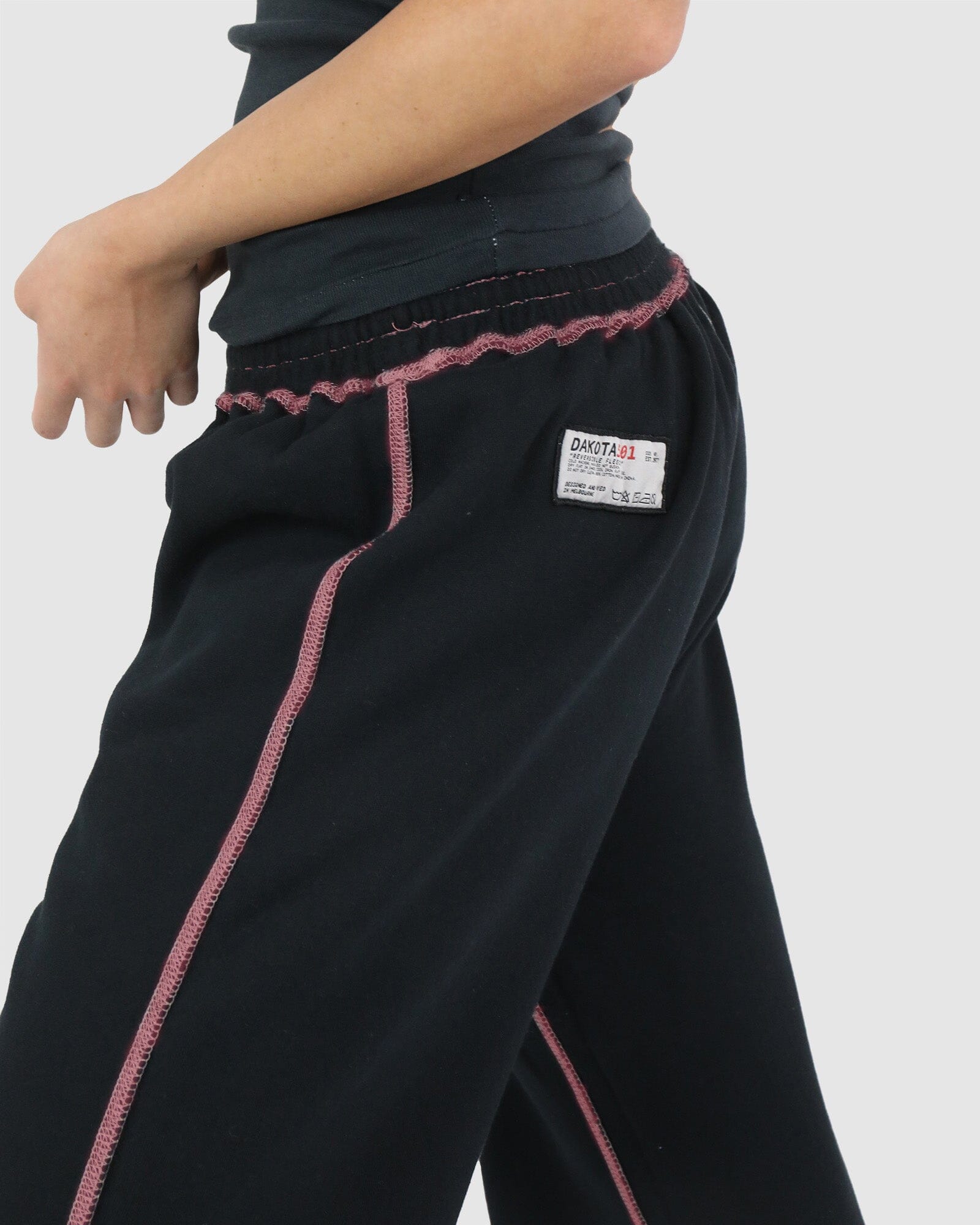Reverse Track Pant: Black with Burgundy Stitching