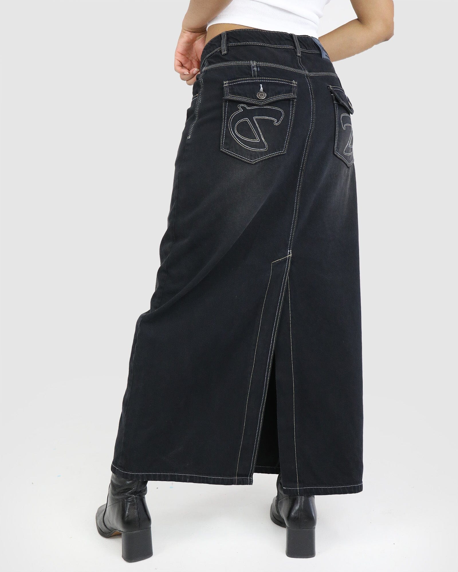 Double D Denim Maxi Skirt: Dirty Black